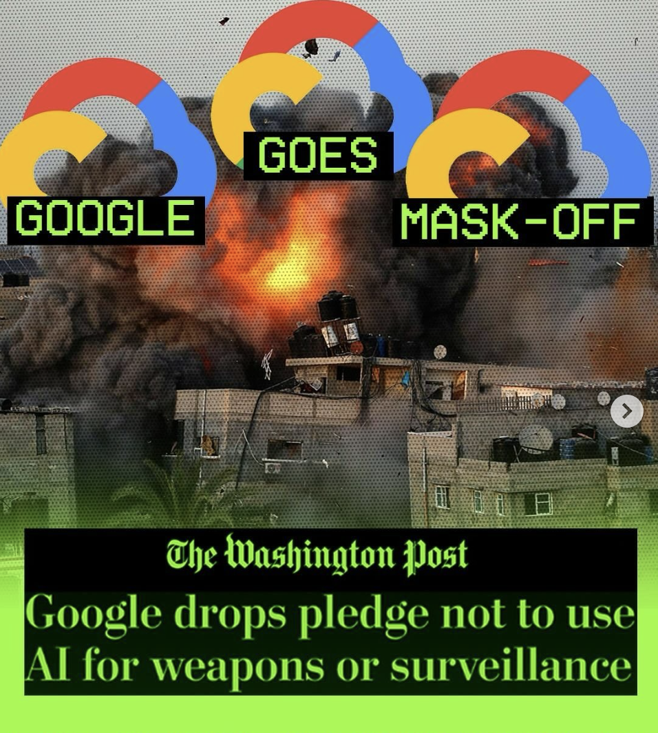 Text: "Google goes mask off" with images of destruction in a collage stye