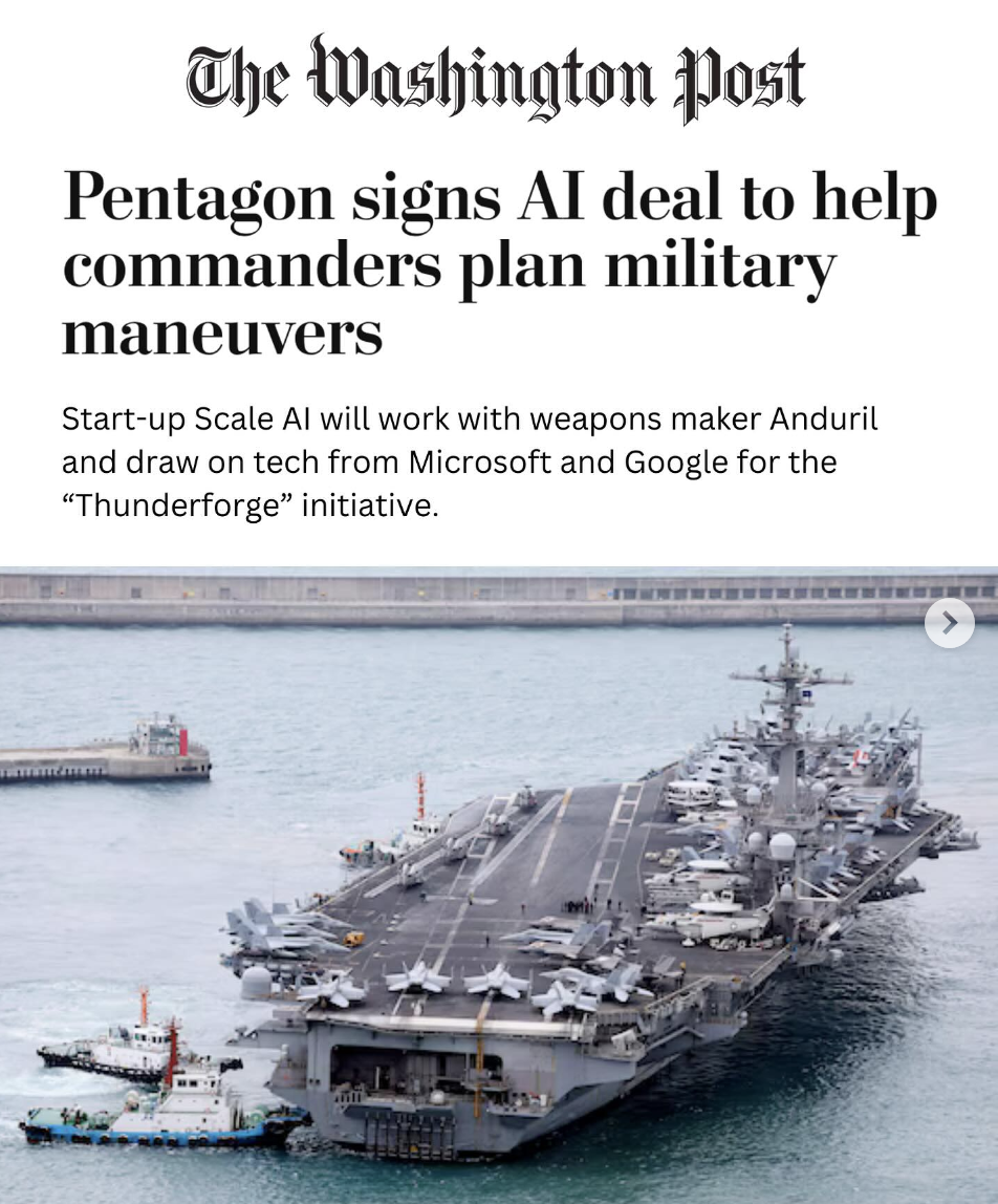 Screenshot from an article from The Washington Post. "Pentagon signs AI deal to help commanders plan military maneuvers."
