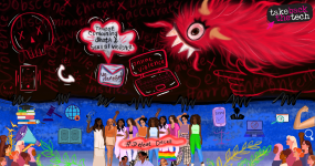 Gendered Disinformation. Artist: Imaan Jufeer  A group of diverse women in the center, surrounded by ways of disseminating information, displaying resistance and greenery. Above them is the threat of gendered disinformation, signified by a red monster and online gender-based violence popping up on a laptop and threats of violence. A banner in the midst of the group says "#DefeatDeceit".