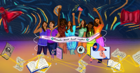 #DefeatDeceit against gendered disinformation. Artist Imaan Jufeer A group of diverse women in the center are surrounded by interconnected ways of publishing information and connection, like books, computers and phones. There are a couple of red flags on the sides, and the banner in the middle says: Feminists defeat deceit together.