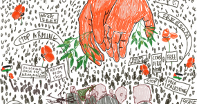 A pair of large hands holding olive branches coming down in a crowded hall with Big Tech and Arms Industries personnel in the front and the common masses all around, resisting with Palestinian flags, and sharp words to stop killing and maiming.