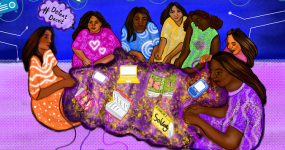 DefeatDeceit. Women weaving alternate realities. Illustration by Imaan. A group of diverse women knitting and embroidering a shared golden rug with a spool of thread on the side, and other loose threads. There are books and digital devices on the rug. Two of the books say 'Solidarity' and 'Collective Feminism'. The background has many icons on a blue sky signifying different communication tools, such as telephones, Instant Messaging, internet, television, cellphones, laptops, etc.