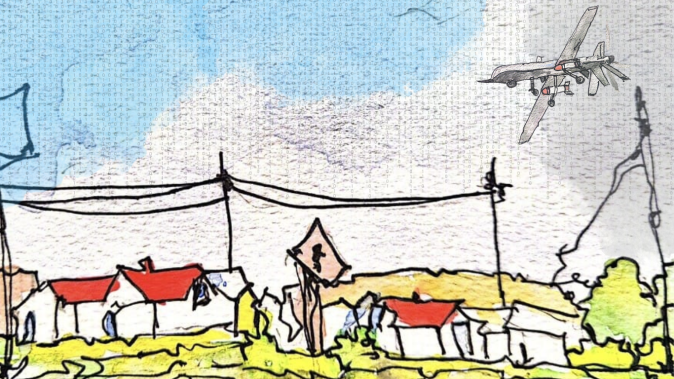 An image of a village drawn in a haphazard way to symbolise the effects of war. There is a plane with missiles flying overhead on the top right corner of the page.