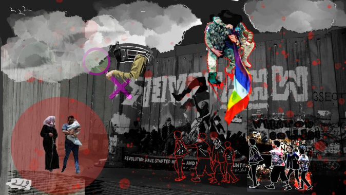 Pinkwash by Ward Zaraa A dark background with smoke from bombings on the top. In the left hand corner below, a woman with a headscarf and a man holding a bundled baby are spotlighted, in the right hand corner outlines of youth and children walking with the energy of resistance in their step. A wall in the background delineates boundary and being closed in. A soldier, a person under attack, a flag, are another part of this collage of images entitled "pinkwash", which also has a pink women's symbol to the left and above.