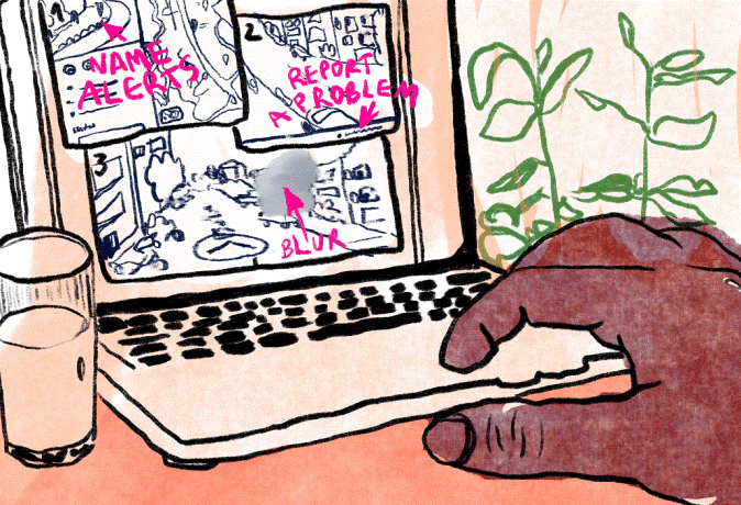Stalking countermeasures 3 Illustration of a computer screen with a hand typing, exploring options to defend against stalking. Options on the screen include name alert, block and report a problem. A glass of water is on the left side of the computer and a plant is on the right. Illustration by Laura Ibáñez López.