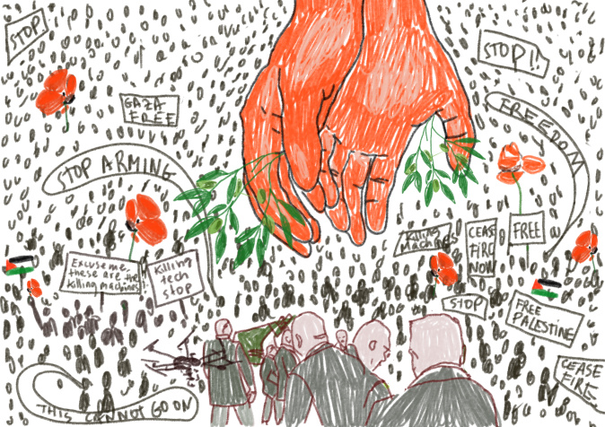 Stop harming innocent people A pair of large hands holding olive branches coming down in a crowded hall with Big Tech and Arms Industries personnel in the front and the common masses all around, resisting with Palestinian flags, and sharp words to stop killing and maiming.