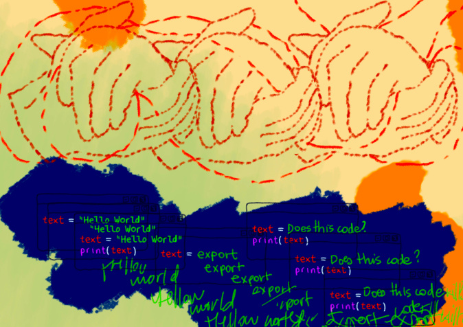 Hello world Three pairs of hands clasping each other, seemingly stitched on a cloth. Below is text being put into code: "Hello world" and "Does this code?" with chaotic running text behind this.
