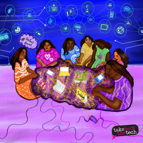 DefeatDeceit. Women weaving alternate realities. Illustration by Imaan. A group of diverse women knitting and embroidering a shared golden rug with a spool of thread on the side, and other loose threads. There are books and digital devices on the rug. Two of the books say 'Solidarity' and 'Collective Feminism'. The background has many icons on a blue sky signifying different communication tools, such as telephones, Instant Messaging, internet, television, cellphones, laptops, etc.