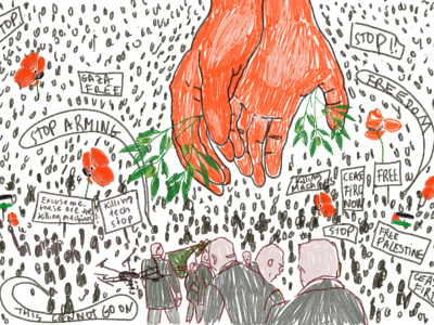 Stop harming innocent people A pair of large hands holding olive branches coming down in a crowded hall with Big Tech and Arms Industries personnel in the front and the common masses all around, resisting with Palestinian flags, and sharp words to stop killing and maiming.